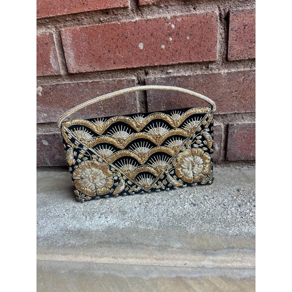 Embroidered and Beaded Black Velvet Clutch Made in India 1950s